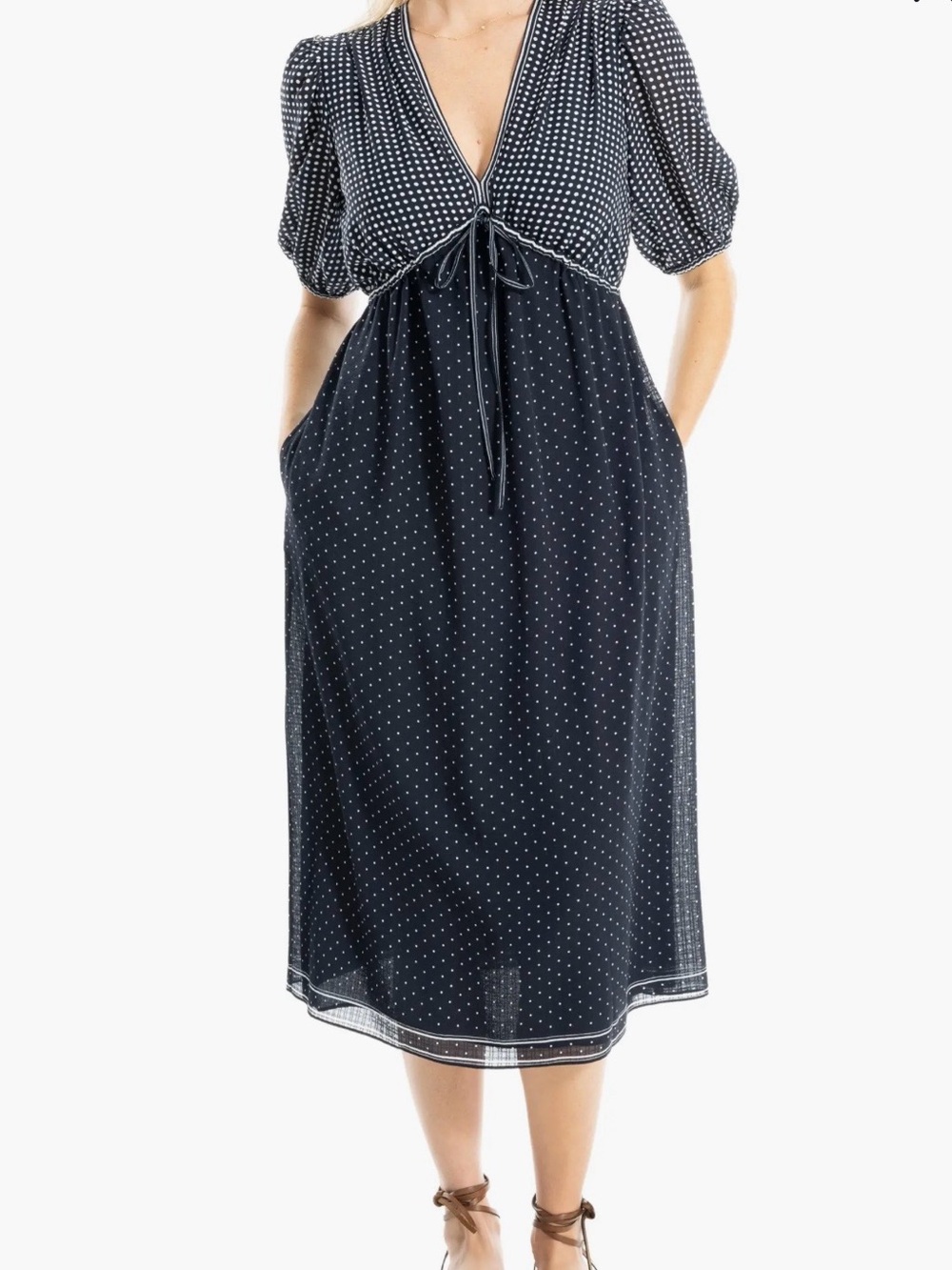 NWT Max Studio Navy Polka Dot Midi Dress with Tie Front
